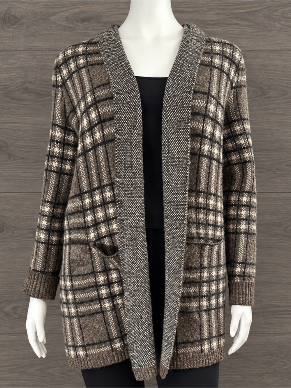 Long plaid print cardigan sweater with hood XL